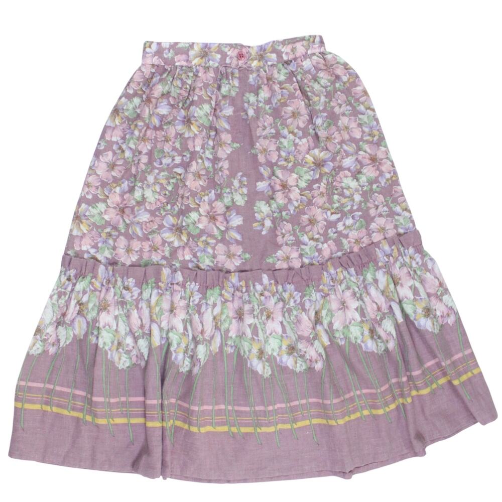 Vintage floral prairie skirt tiered purple mauve pink 70s 80s cottagecore sz 26"